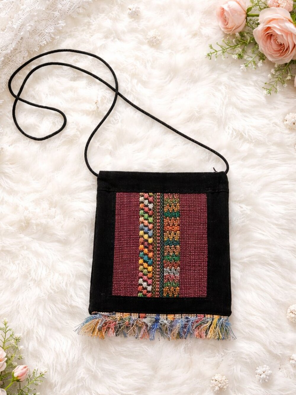 Guatemalan Black Cloth Multicolored Design Cross‎ Body Handbag